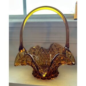 Vintage Amber Glass Basket Diamond Point Ruffled Edge Candy Dish Decorative Bowl